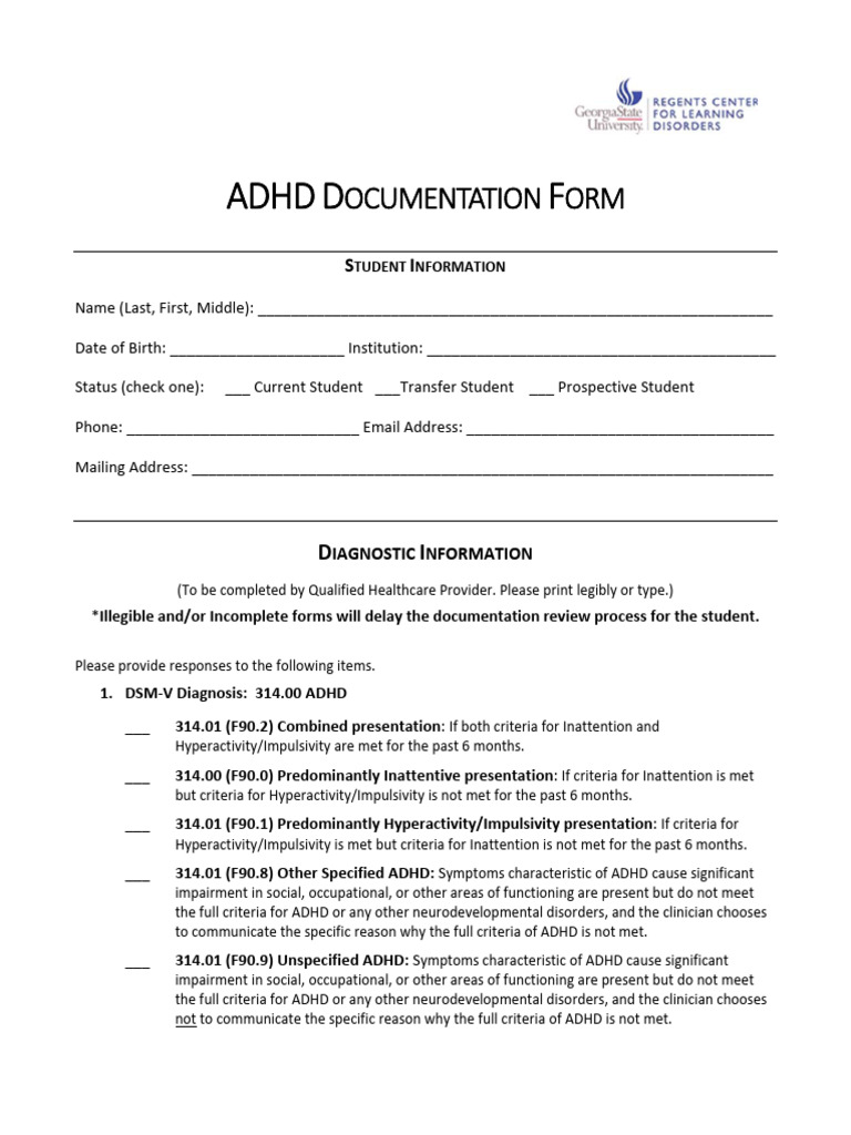 Adhd Verification Form | PDF | Attention Deficit Hyperactivity Disorder ...