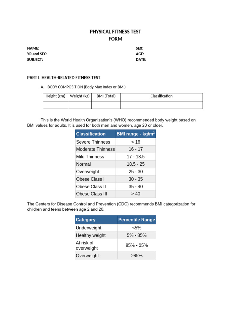Physical Fitness Test Form Prelim | PDF | Body Mass Index | Physical ...
