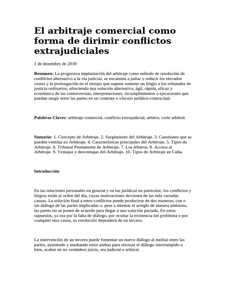 El Arbitraje Comercial Como Forma de Dirimir Conflictos Extrajudiciales ...