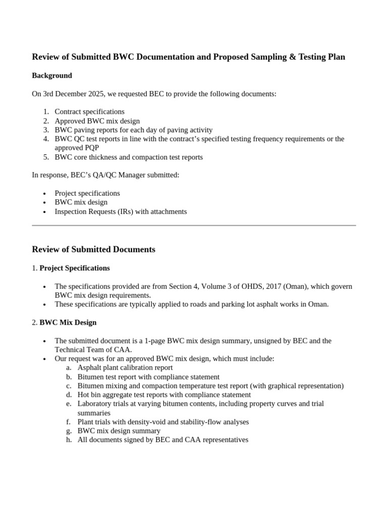 Review of Submitted BWC Documentation and Proposed Sampling | PDF