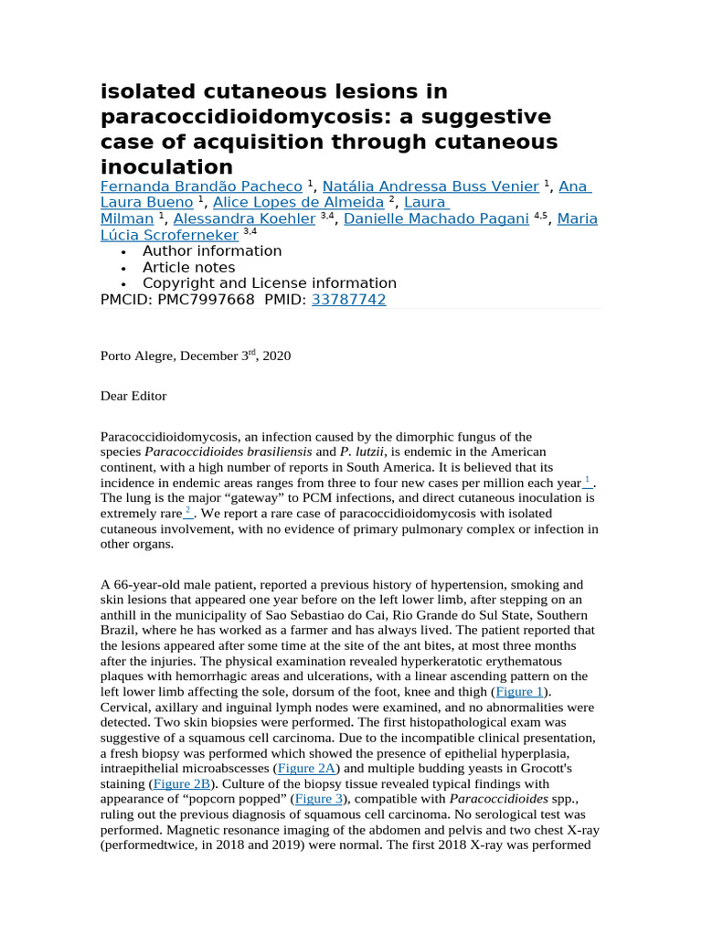 Isolated Cutaneous Lesions in Paracoccidioidomycosis A Suggestive Case ...