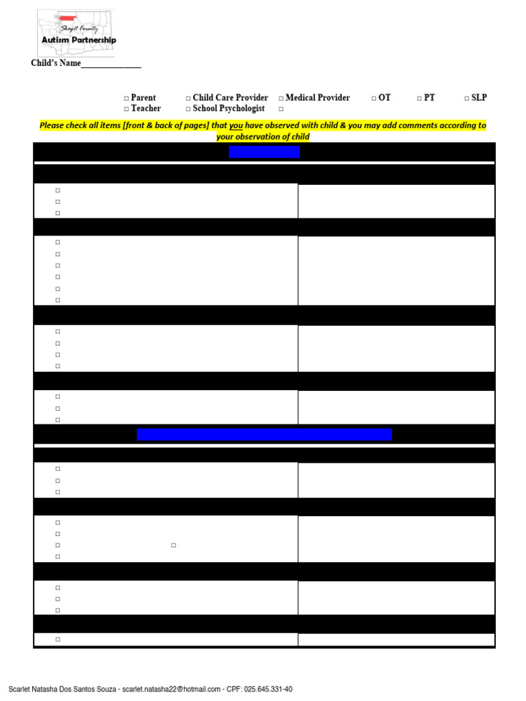 SMART Observation Checklist | PDF | Autism | Psychology