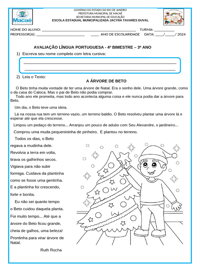 Avaliação Língua Portuguesa - 3º Trimestre - 3º Ano | PDF