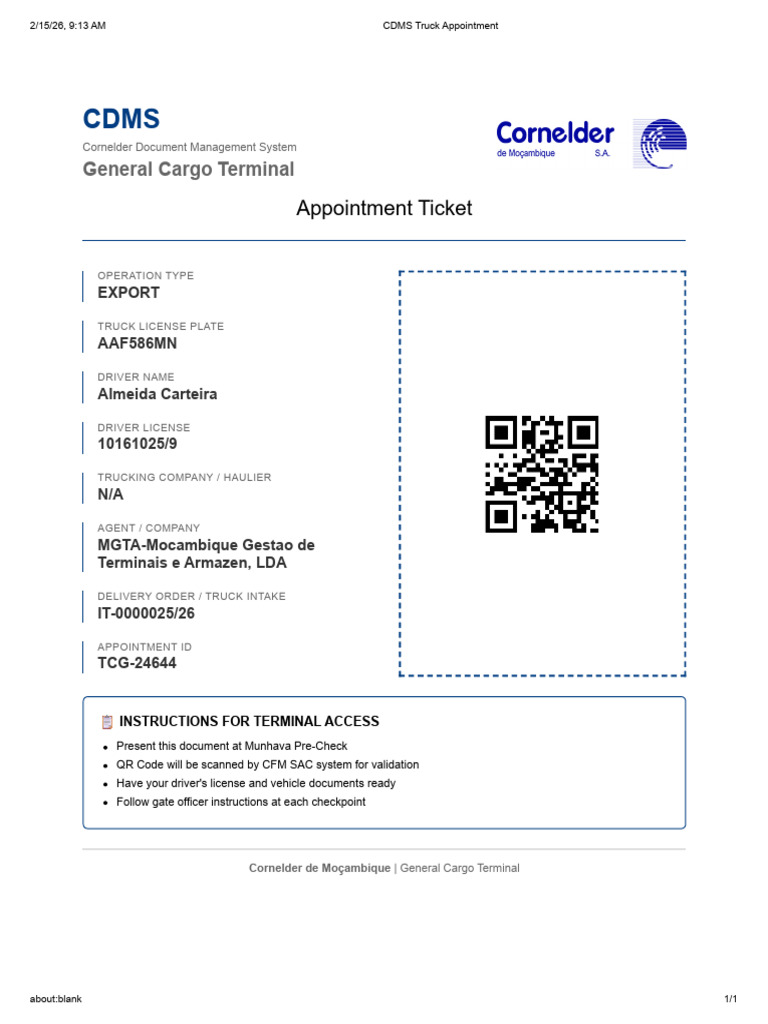 Appointment Ticket: General Cargo Terminal | PDF