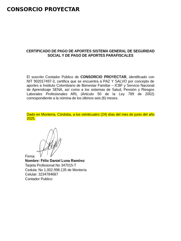 Certificado Paz y Salvo Parafiscales | PDF