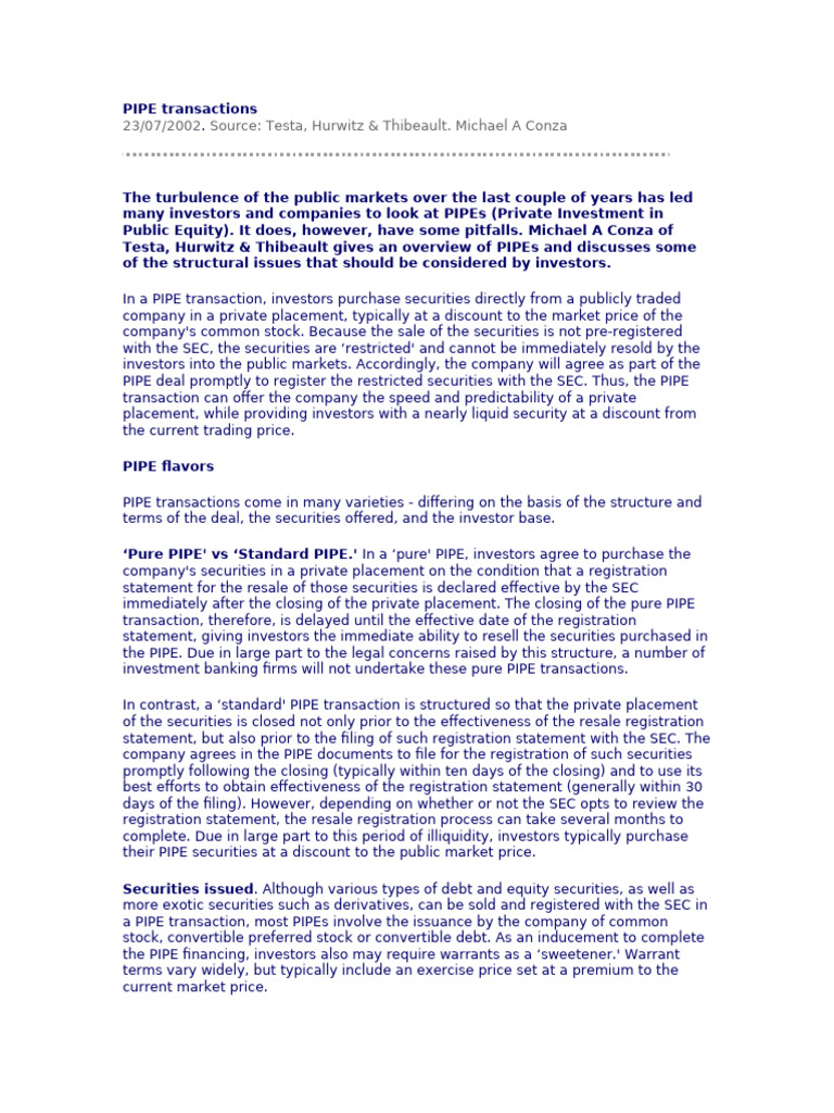 PIPE Transactions 1&2 | PDF | Stocks | Securities (Finance)