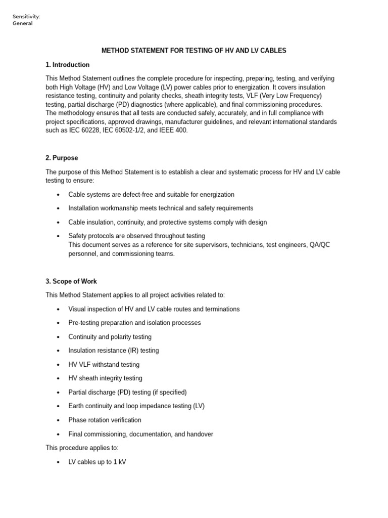 Method Statement For Testing of HV and LV Cables | PDF | Electricity ...