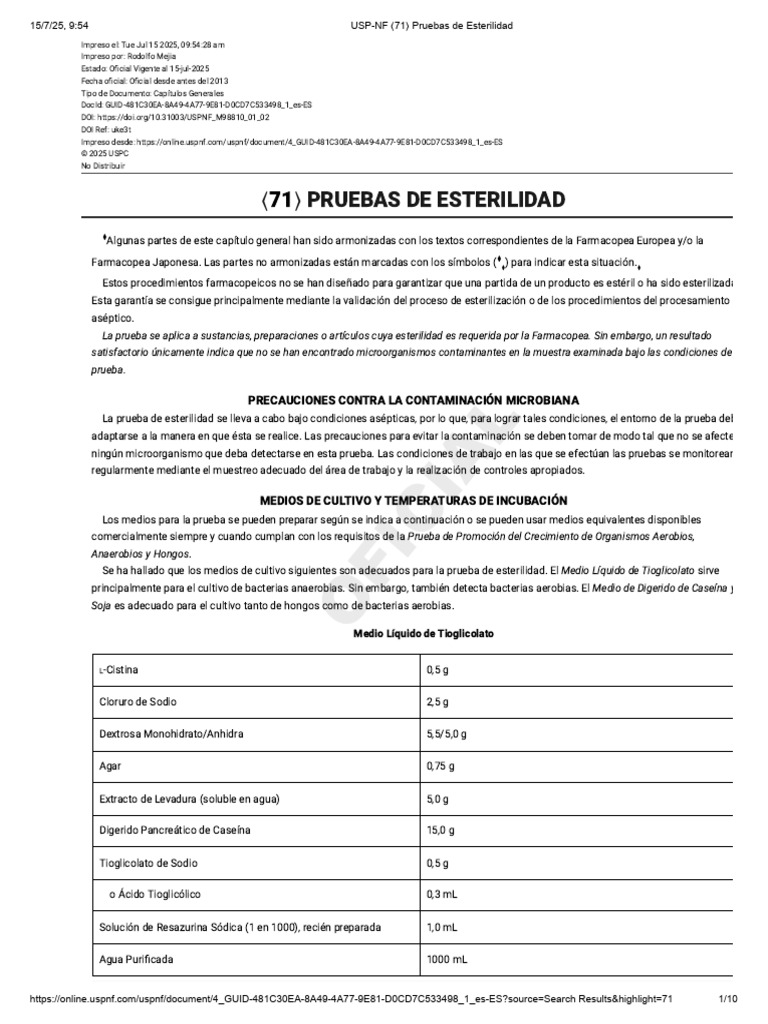 USP-NF 71 Pruebas de Esterilidad | PDF | Esterilización (Microbiología ...