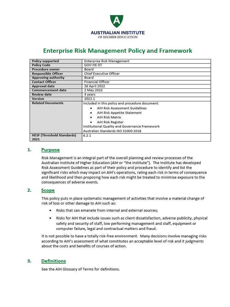 GOVHE07 Enterprise Risk Management Policy and Framework 2022.1 | PDF ...
