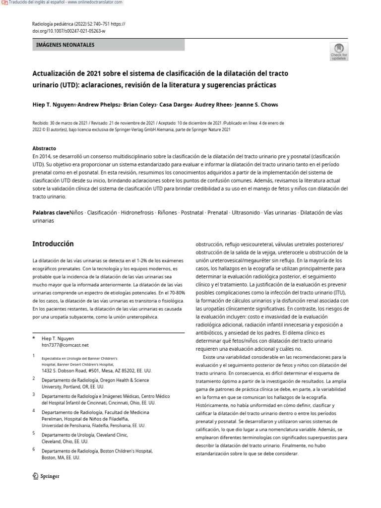 2021 Update On The Urinary Tract Dilation (UTD) Classification System ...