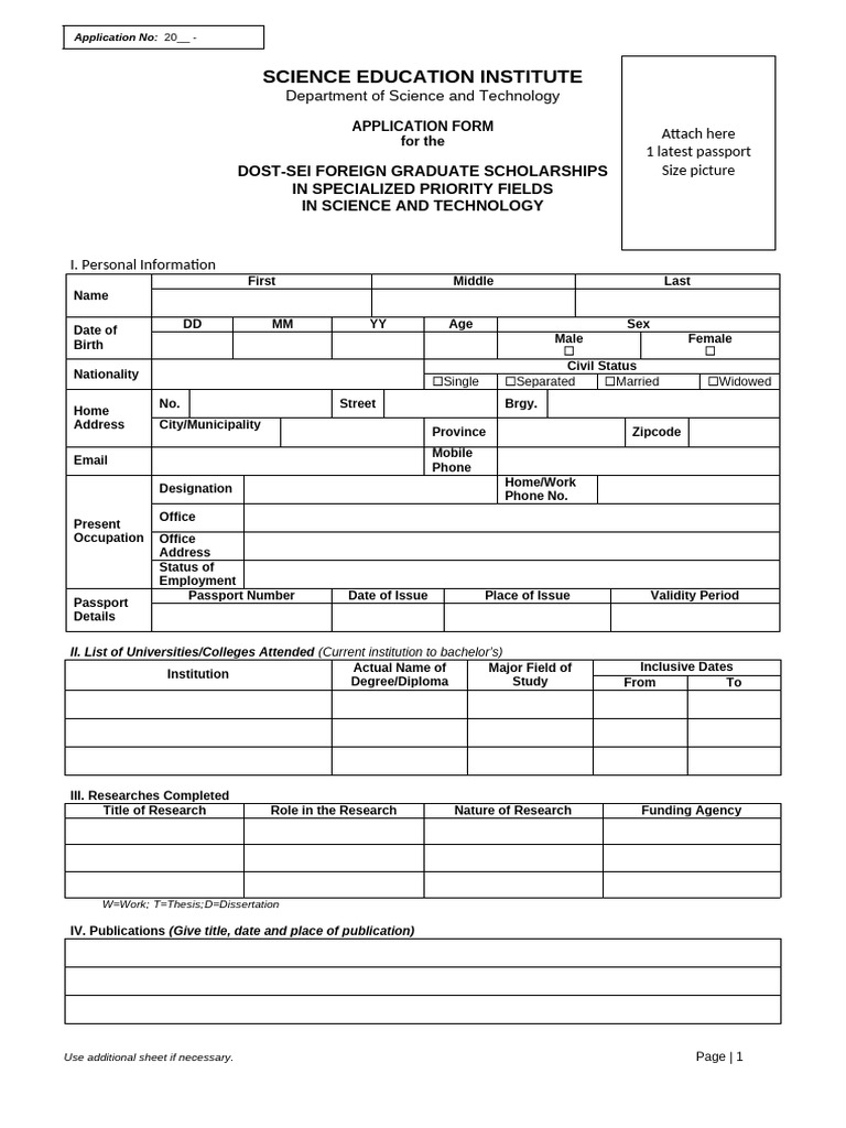 Application Form For The DOST-SEI Foreign Graduate Scholarship | PDF