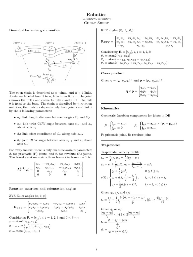 Cheat Sheet Robotics | PDF | Mechanical Engineering | Classical Mechanics