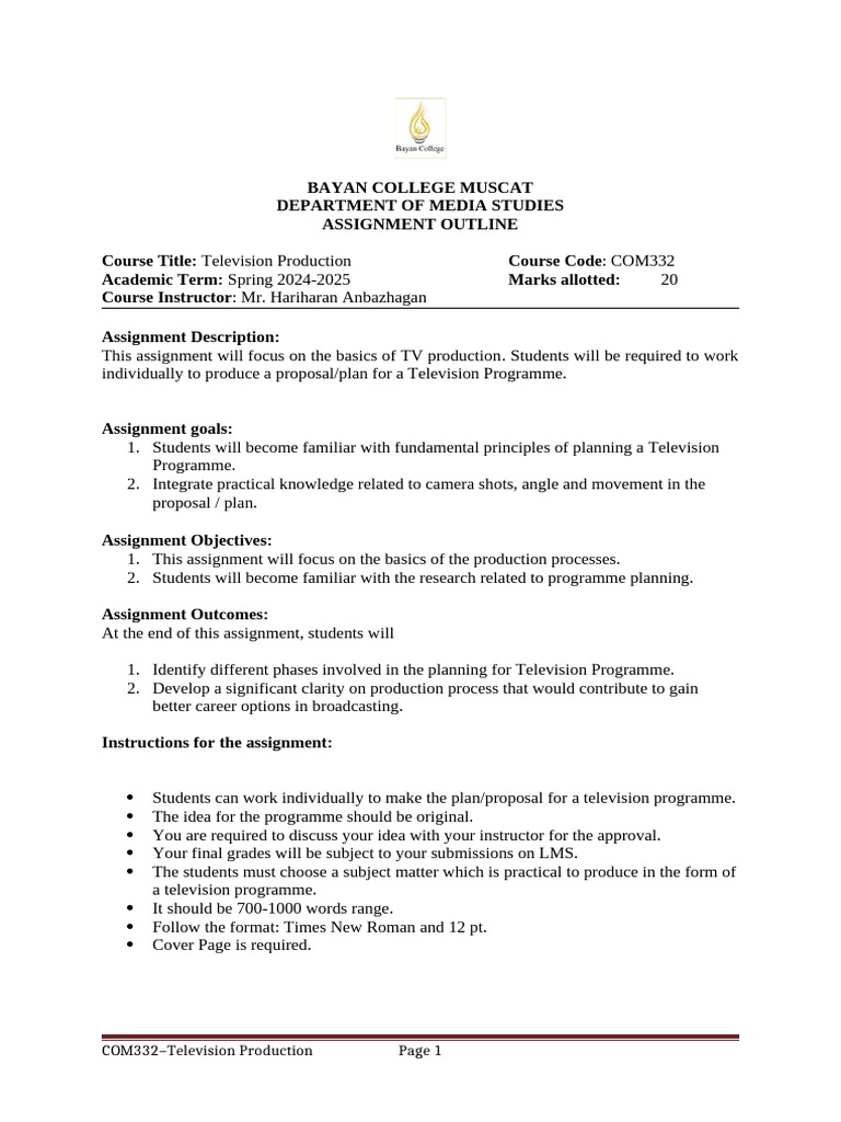 Final Assignment Outline - Television Production - Spring 2024-25 | PDF ...