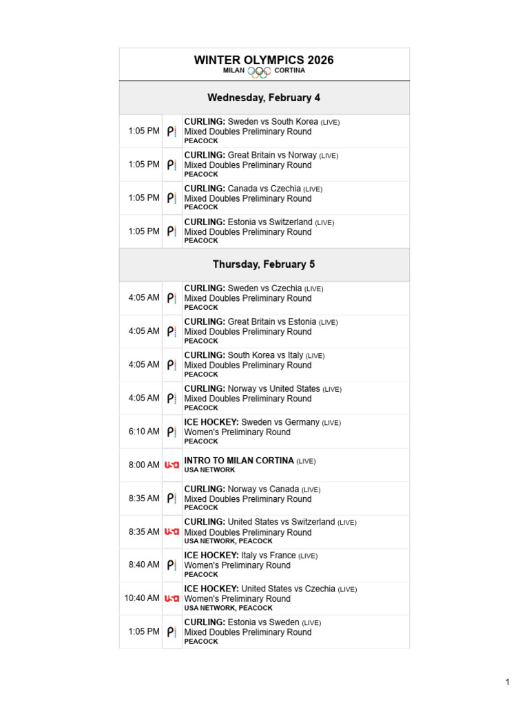 Winter Olympics 2026 TV Schedule (EST) - One Column | PDF | Winter ...