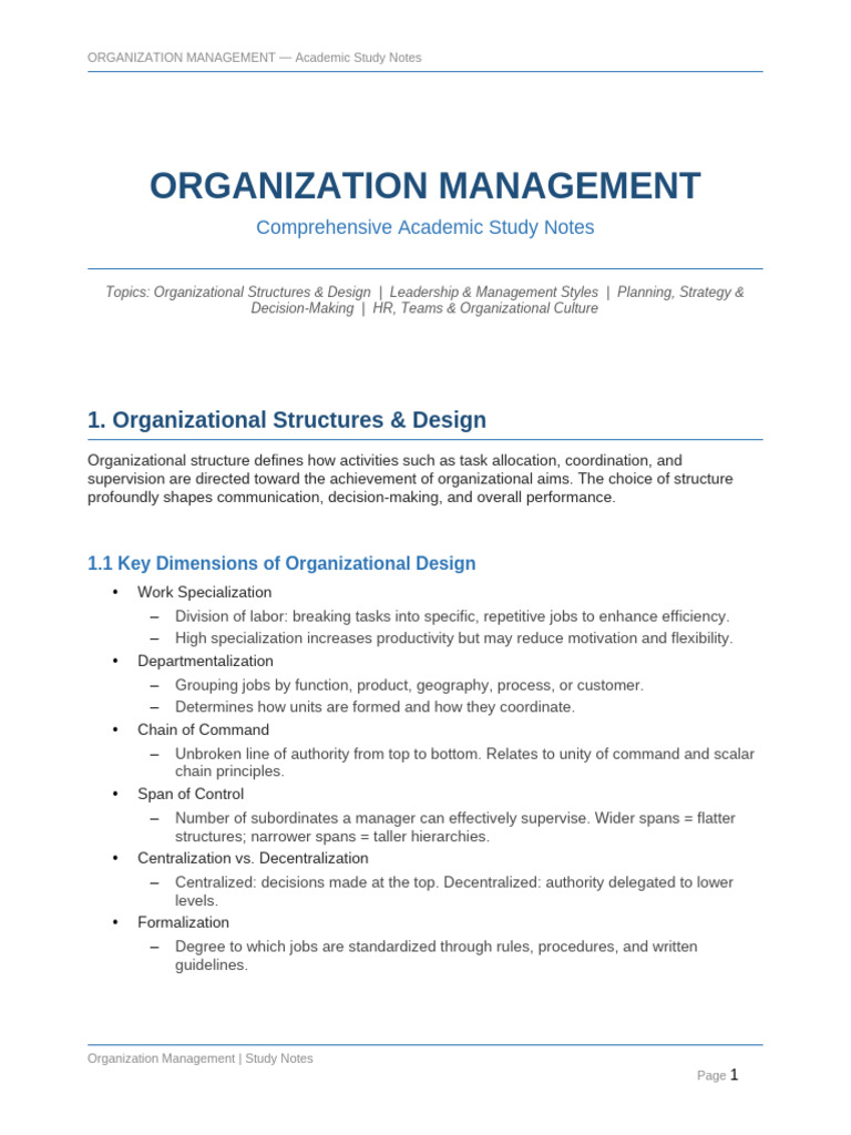 Organization Management Notes | PDF | Leadership | Organizational Structure