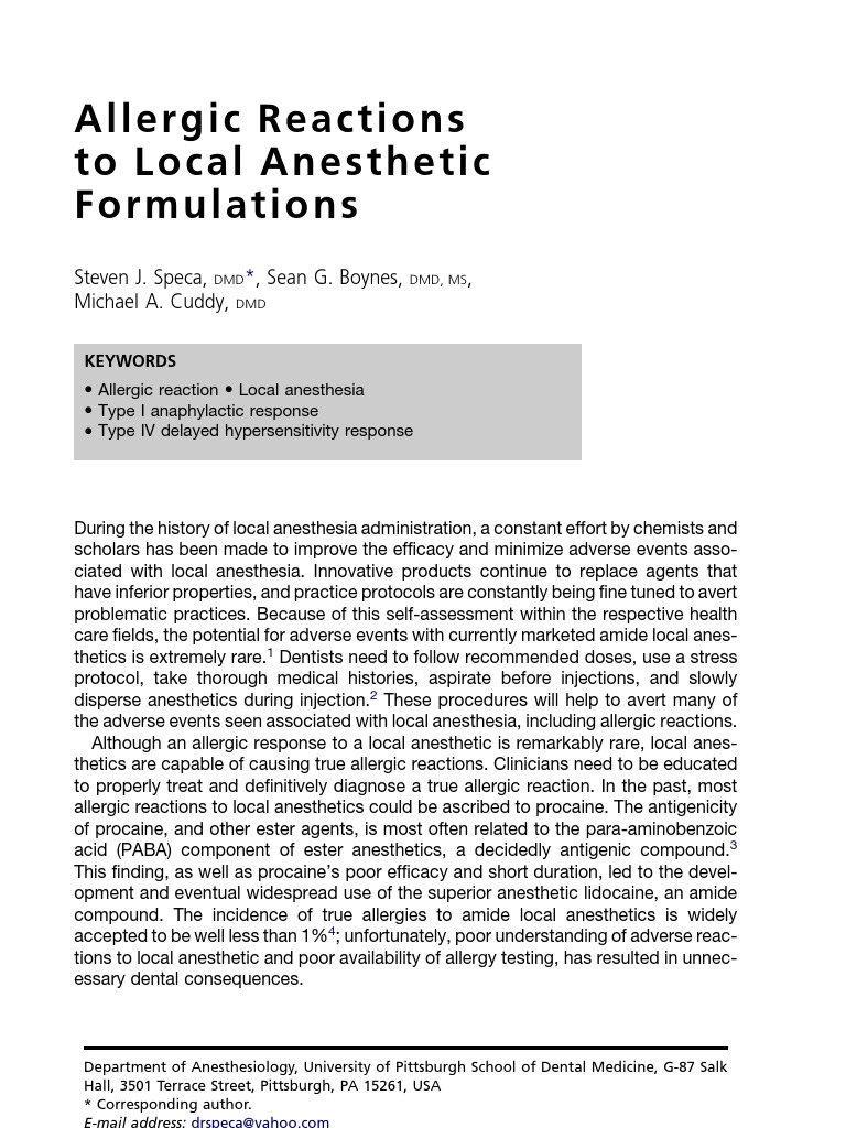 Allergic Reactions To Local Anesthetic Formulations PDF Allergy