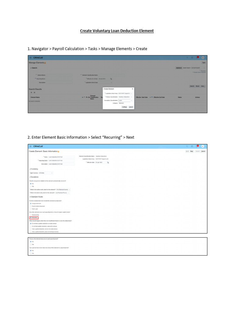 Instructions To Create Voluntary Loan Deduction and Element Entry | PDF