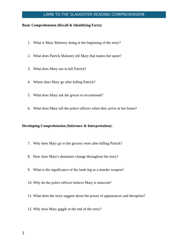 Lamb To The Slaughter Reading Comprehension | PDF