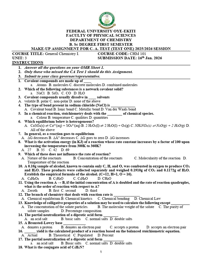 CHM101 Test 1 Make Up - 2025 2026 | PDF | Radioactive Decay | Chemical Bond