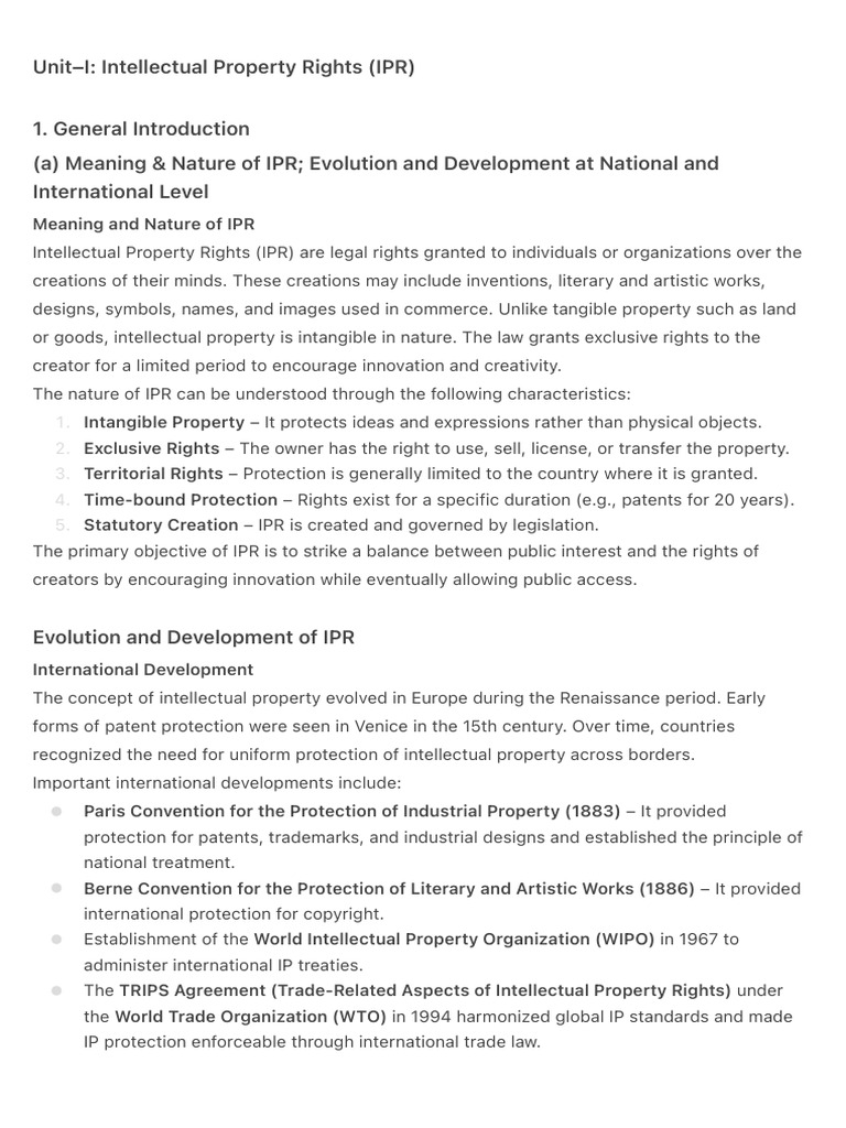 Unit-I - Intellectual Property Rights (IPR) | PDF | Intellectual ...
