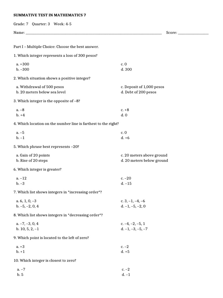 Summ - Test Mathematics 7 Q3 W4 | PDF | Numbers | Discrete Mathematics