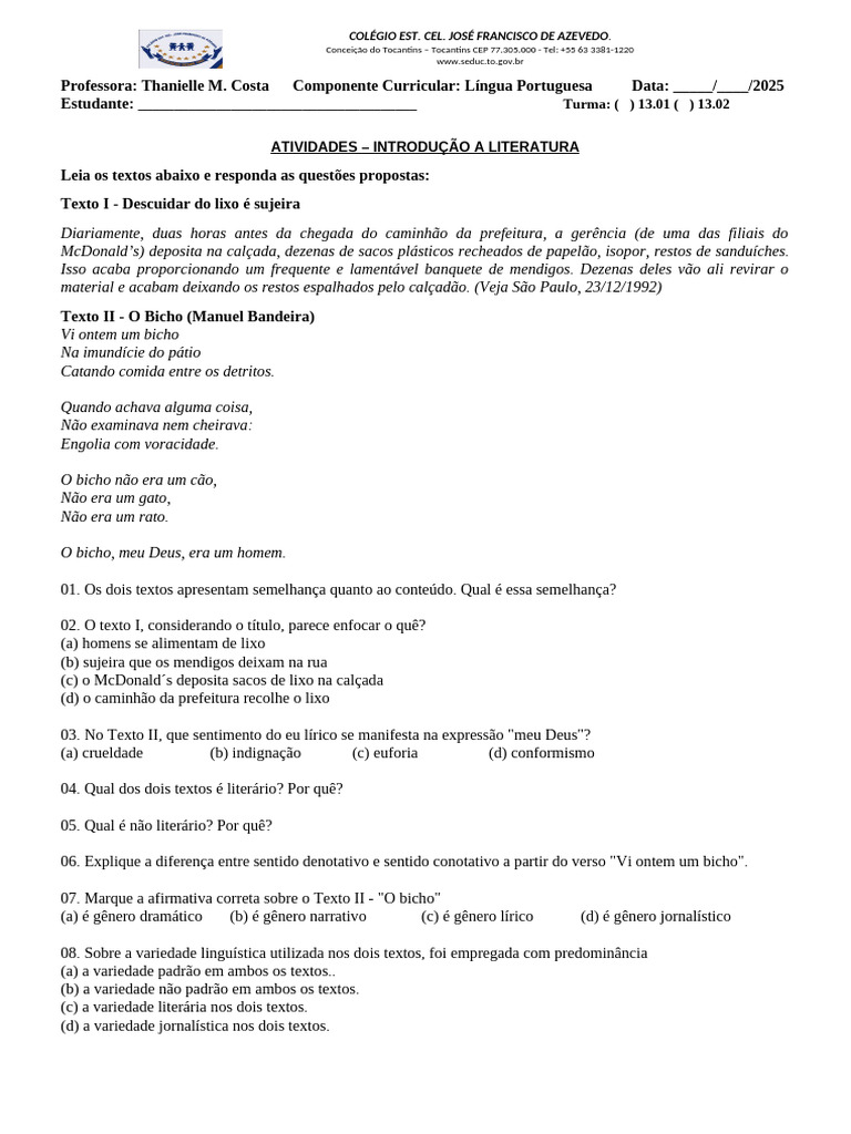 Atividade - Texto Literário e Não Literário | PDF