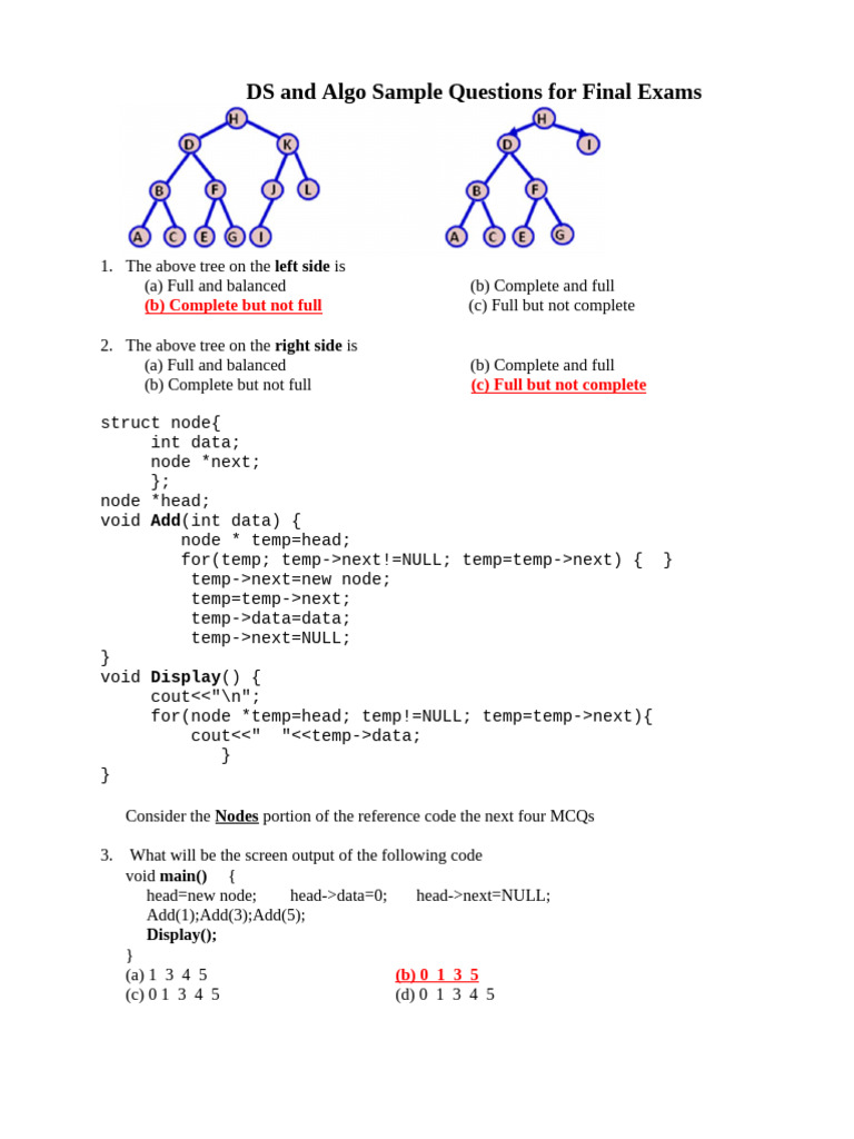 DS&Algo Sample Exam Questions | PDF