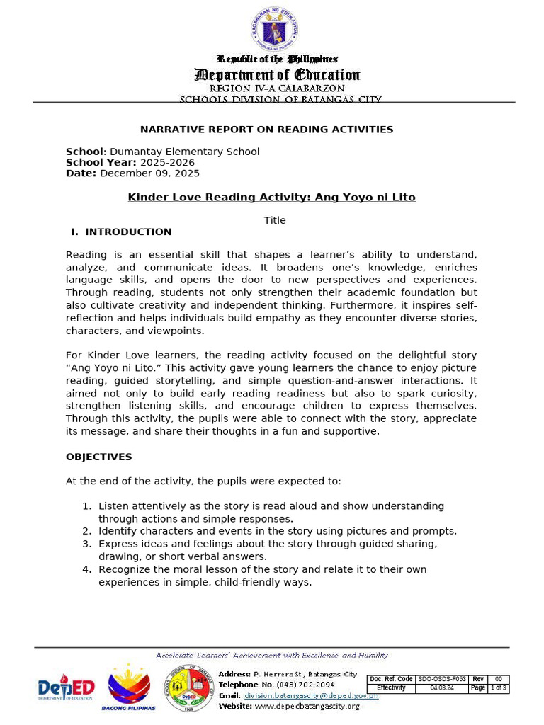 Narrative Report On Reading Activities KLOVE | PDF | Storytelling ...