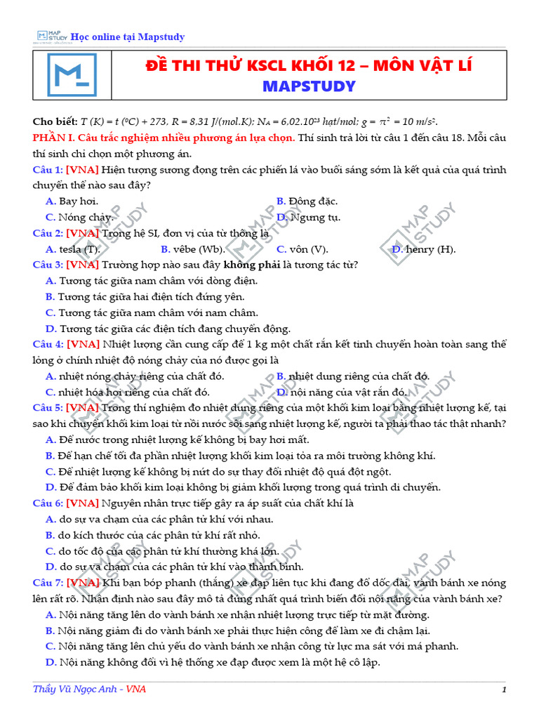 Đề Thi Thử KSCL Khối 12 - Môn Vật Lí | PDF