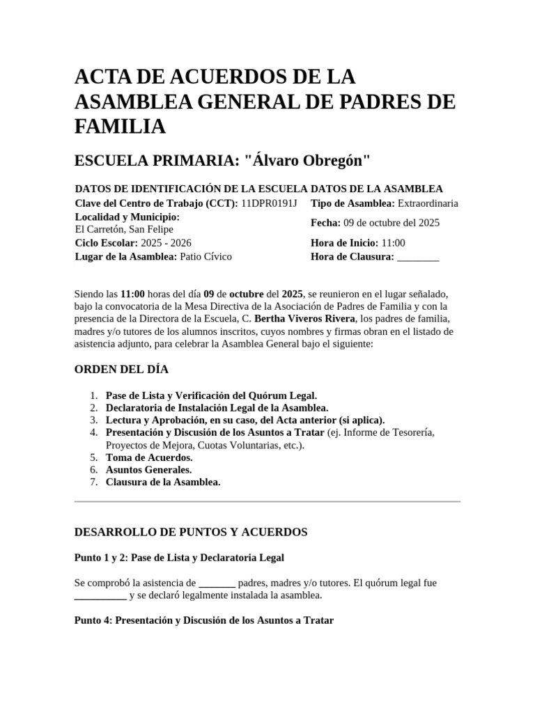 Acta de Acuerdos de La Asamblea General de Padres de Familia | PDF ...