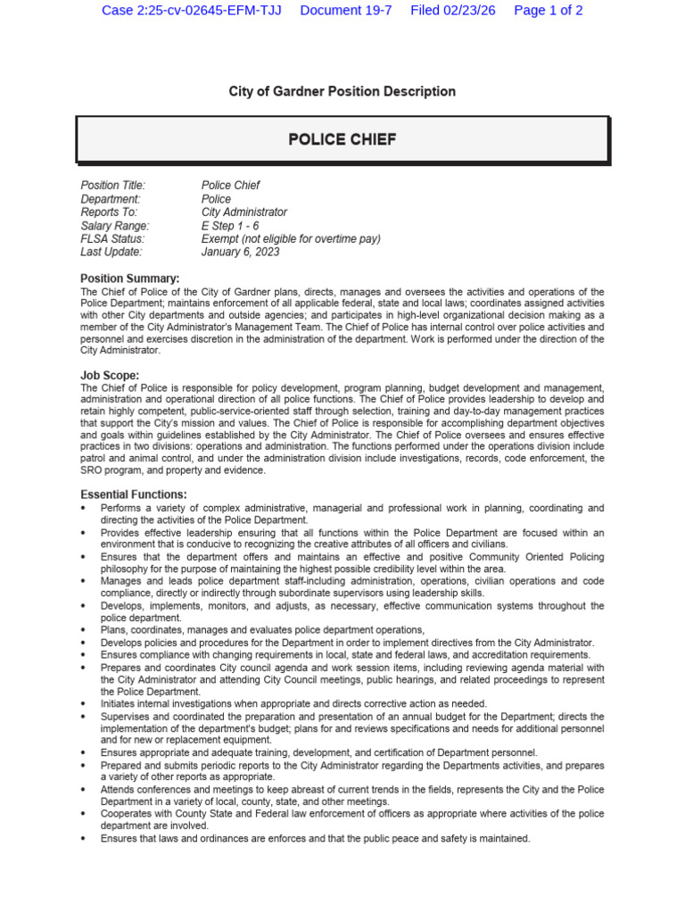 19-7) Police Chief Job Description - 1-6-2023 | PDF | Police | Knowledge