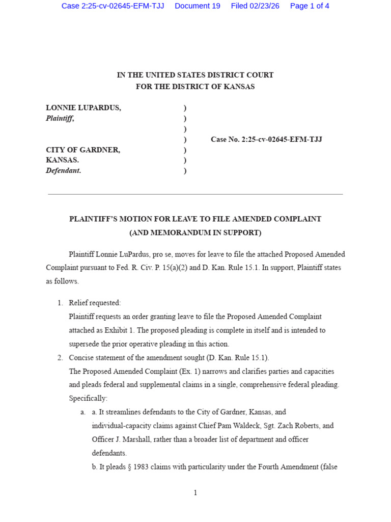 19-0) Plaintiff's Motion For Leave To File Amended Complaint | PDF ...
