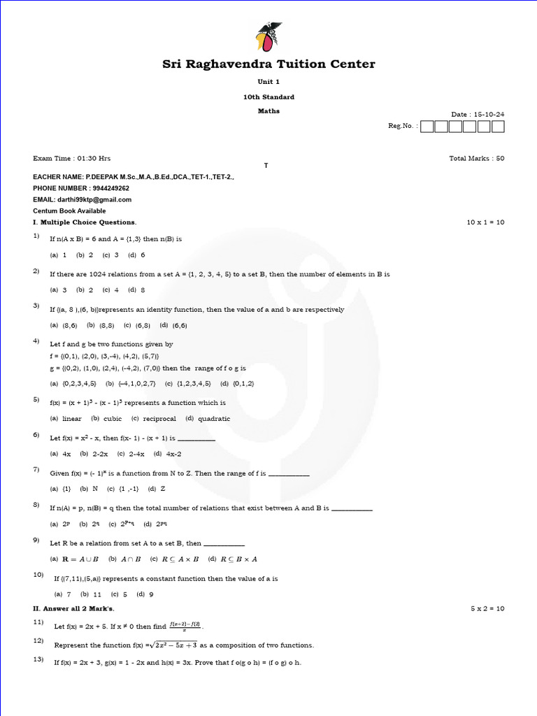 10th Maths EM Unit 1 B Model Question Paper English Medium PDF Download ...