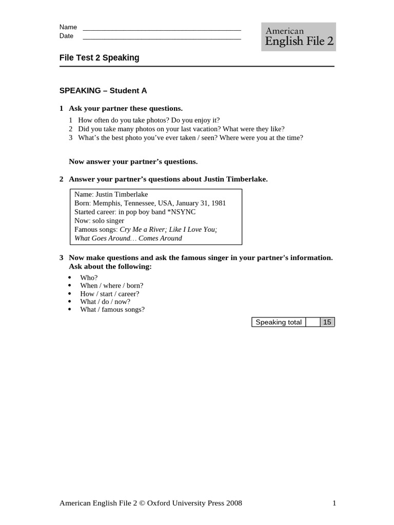 AEF 2 File Test 2 Speaking Word | PDF