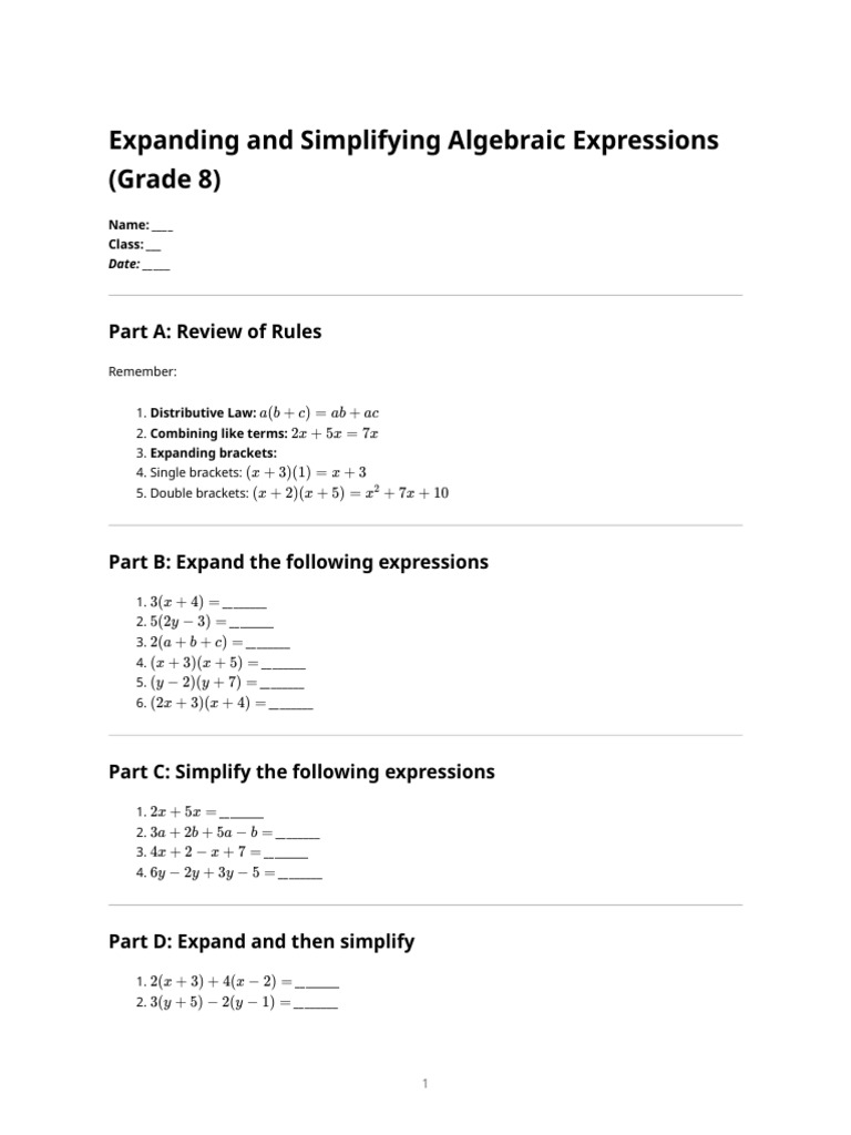 Grade 8 Expand and Simplify Algebra | PDF