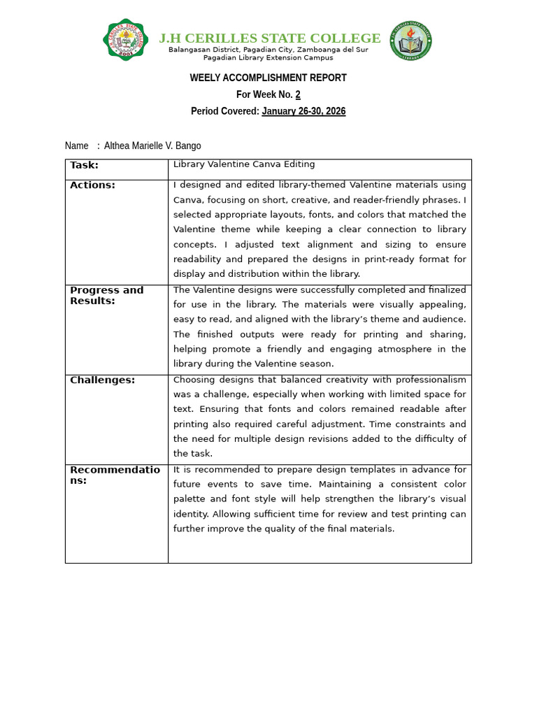 Week 02 Accomplishment Report | PDF | Libraries