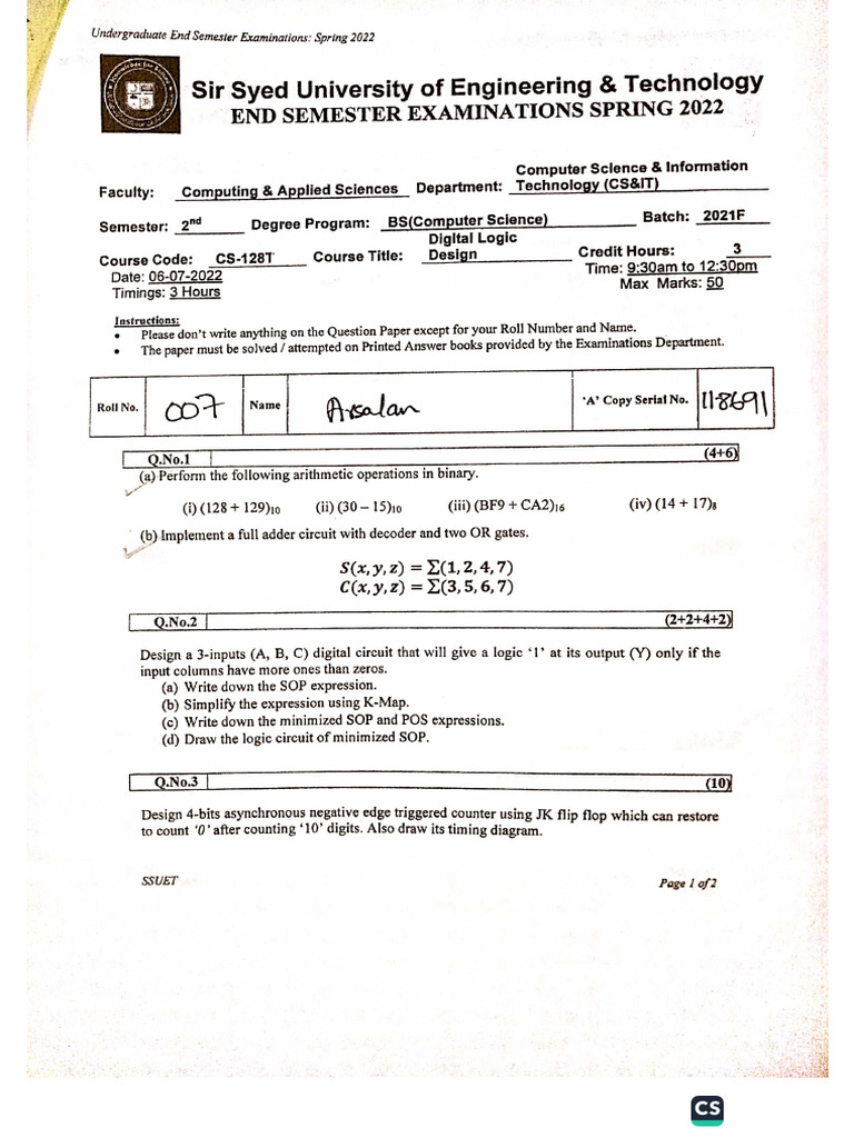 DLD Final Exam Past Paper Spring 2022 CS-1 | PDF