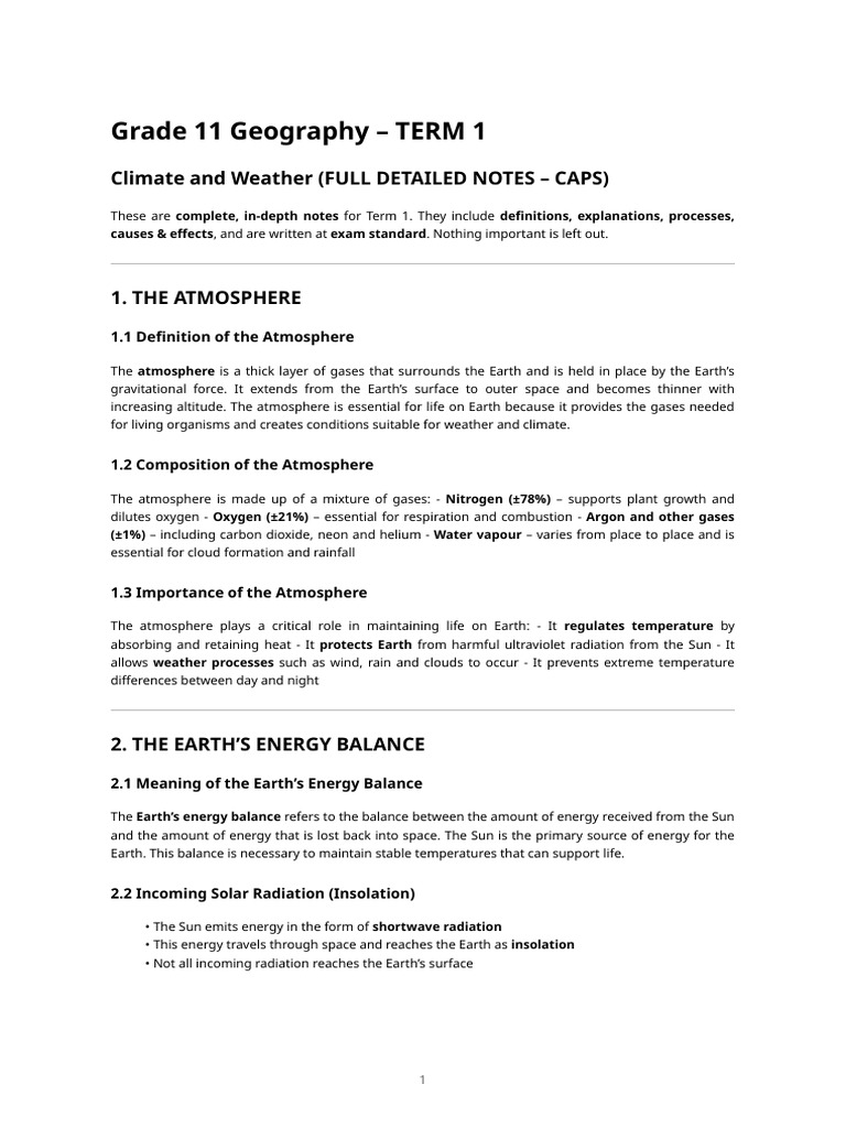 Grade 11 Geography - Climate & Atmosphere Study Notes (Term 1) | PDF ...