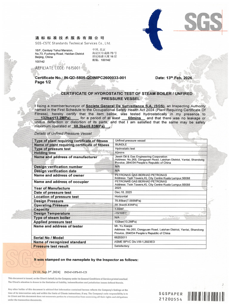 Certificate of Hydrostatic Test HT-01 | PDF