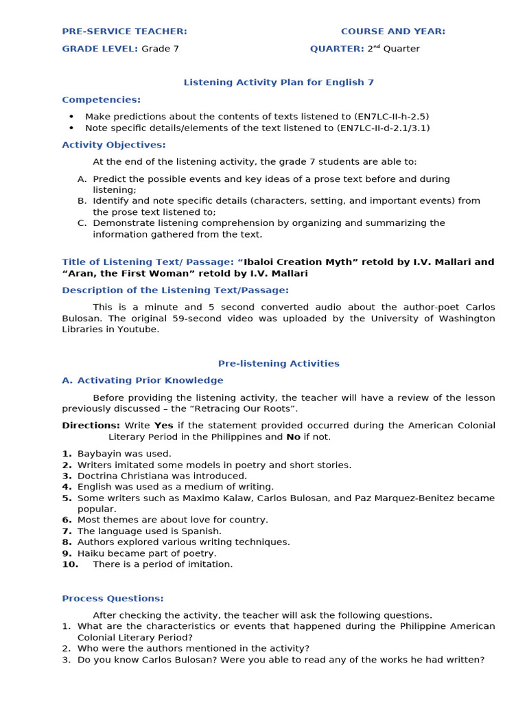 U3 Output Listening Activity Plan Sample | PDF | Writing