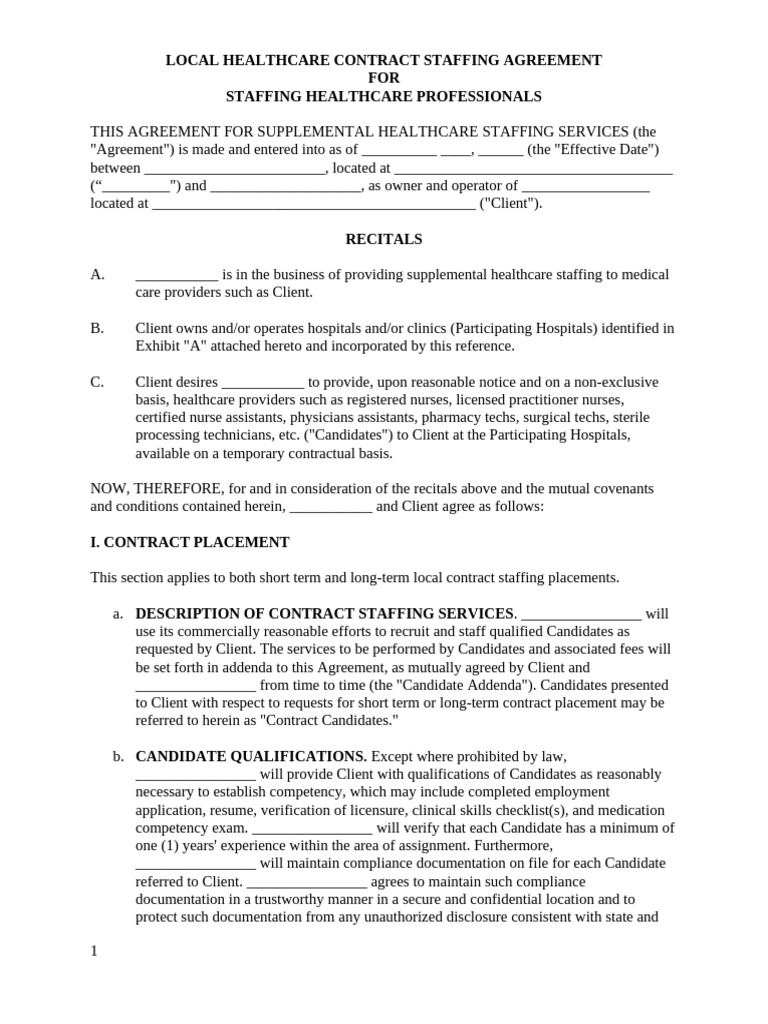 Healthcare Contract Staffing Agreement | PDF | Arbitration | Overtime
