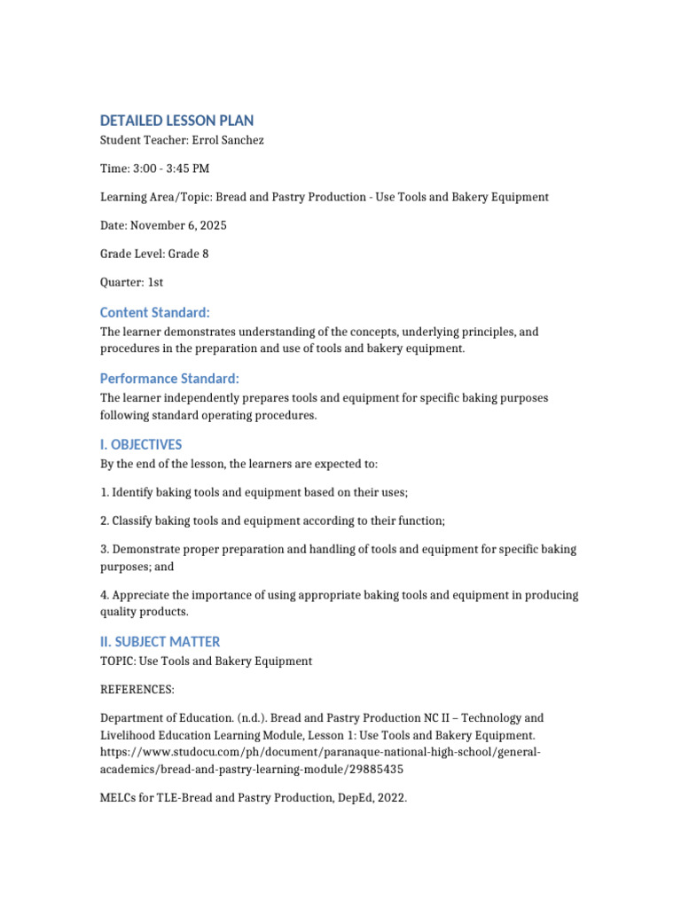Detailed Lesson Plan Bread and Pastry Tools and Equipment | PDF ...
