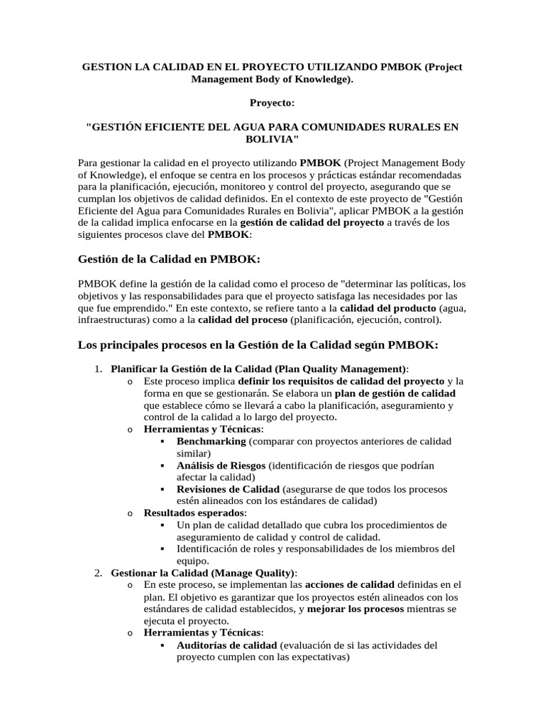 Gestion La Calidad en El Proyecto Utilizando Pmbok | PDF