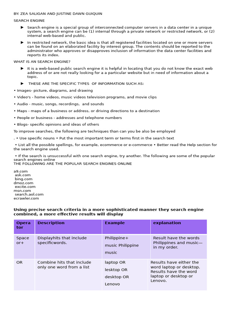 SEARCH ENGINE Ict Handouts | PDF | Websites | Blog
