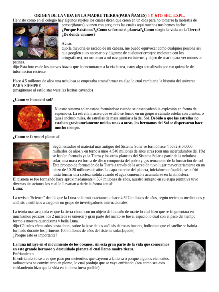 Origen de La Vida en La Madre Tierra 2018 | PDF