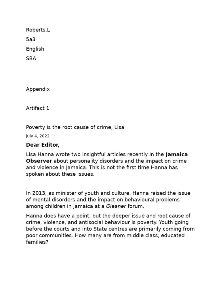 English SBA Appendix | PDF | Juvenile Delinquency | Violence
