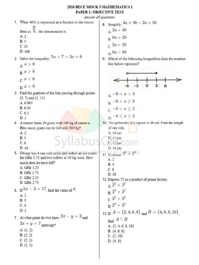 2026 Bece Mock 5 Mathematics 1 | PDF | Area | Elementary Mathematics