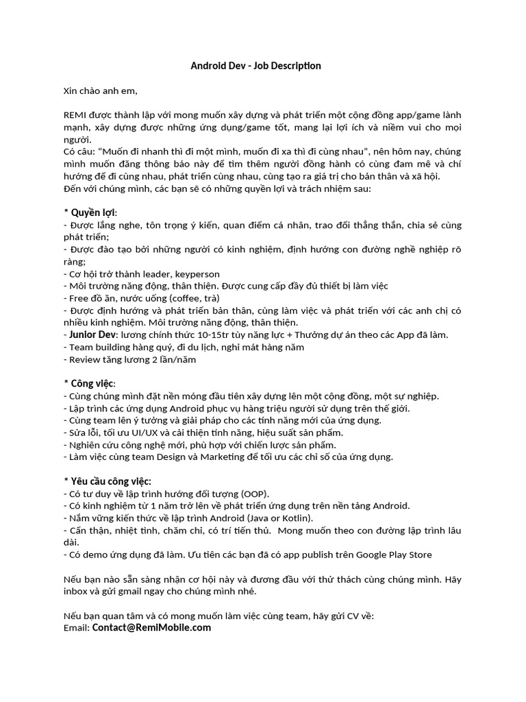 Android Job Description | PDF