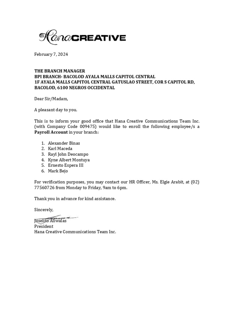 BPI Endorsement Letter Bacolod Ayala 02072024 | PDF