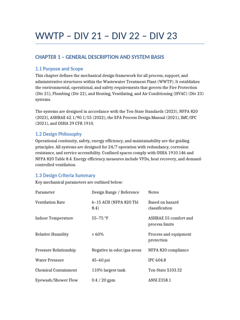WWTP - CH1 - General Description and System Basis | PDF | Ventilation ...